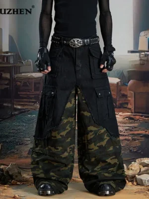 Calça Jeans Luzhen Original Premium Unissex com Patchwork Camuflado | Streetwear Exclusiva