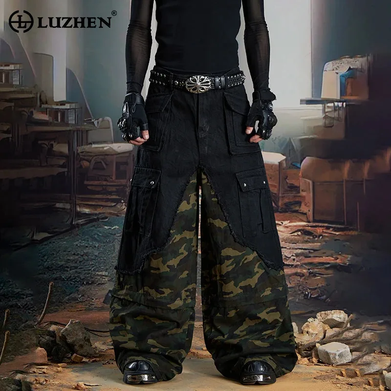 Calça Jeans Luzhen Original Premium Unissex com Patchwork Camuflado | Streetwear Exclusiva