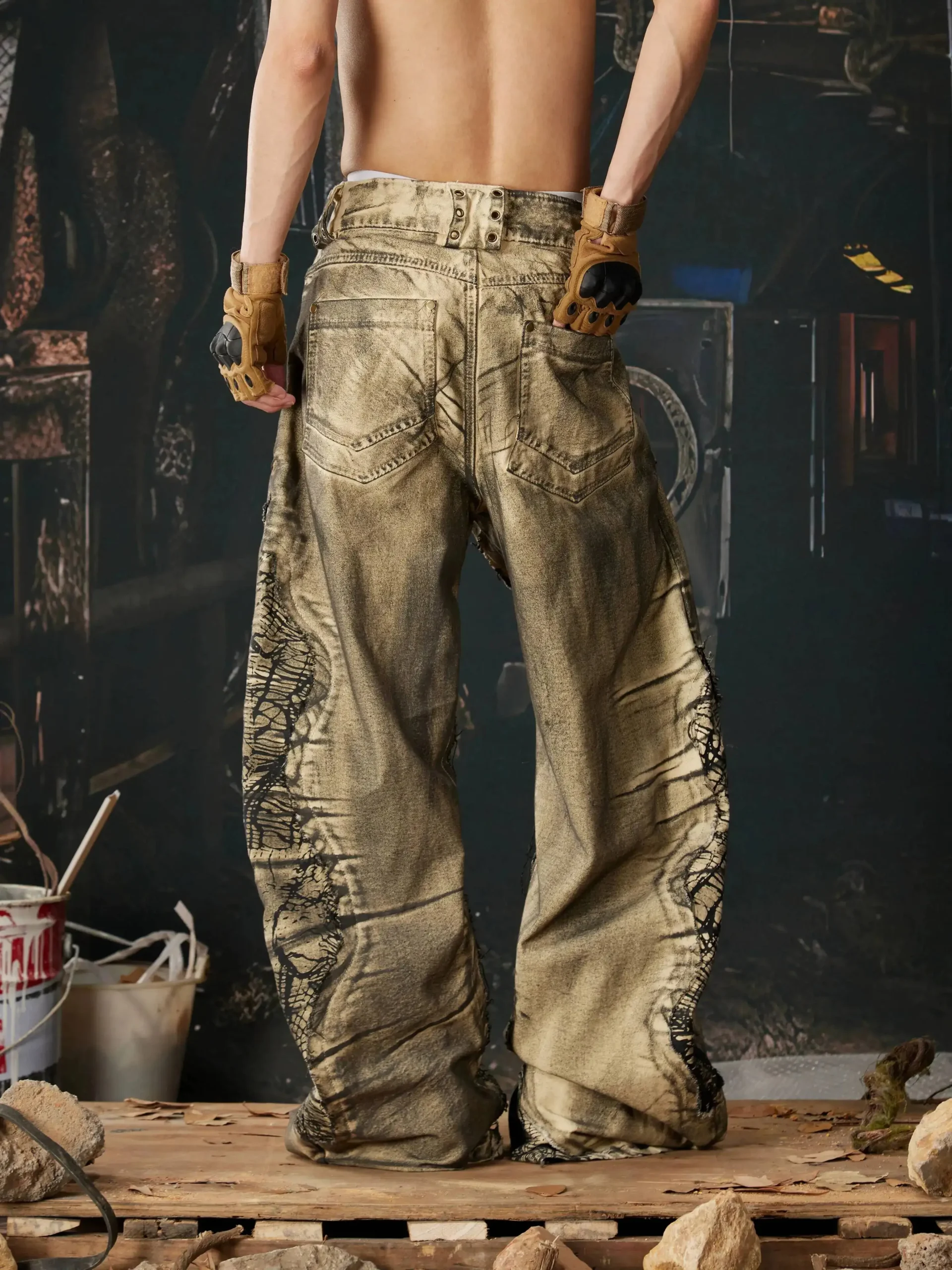 Calça Jeans Luzhen Original Premium Unissex, Patchwork e Lavagem Exclusiva | Wide Fit Streetwear - Imagem 5