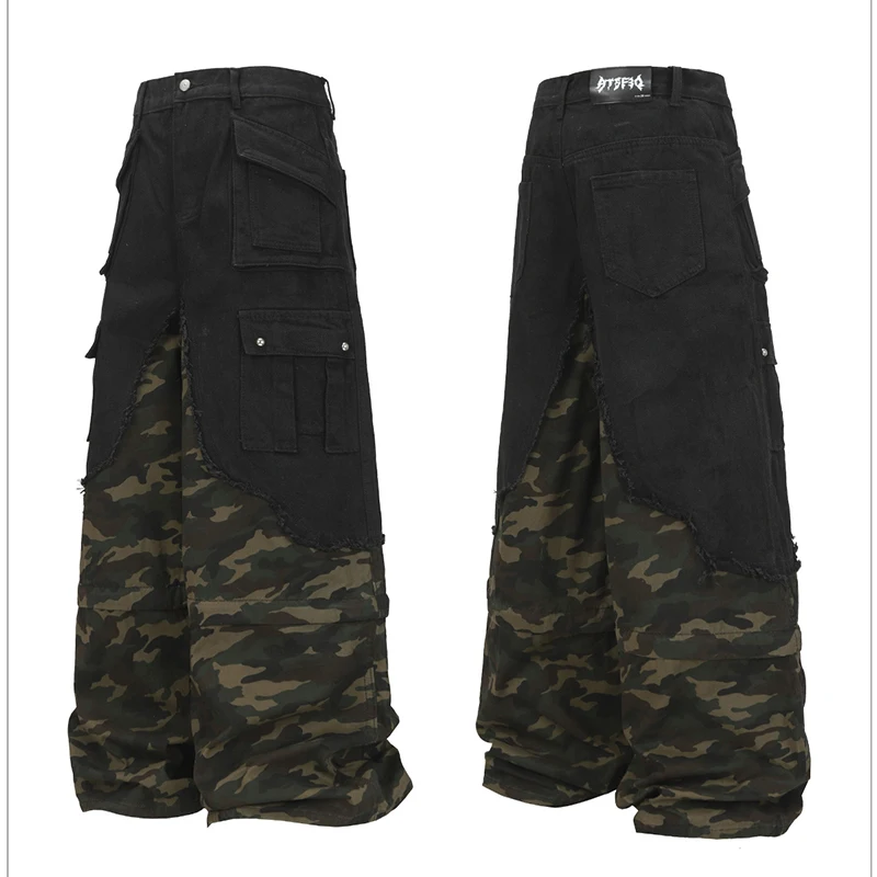 Calça Jeans Luzhen Original Premium Unissex com Patchwork Camuflado | Streetwear Exclusiva - Imagem 6