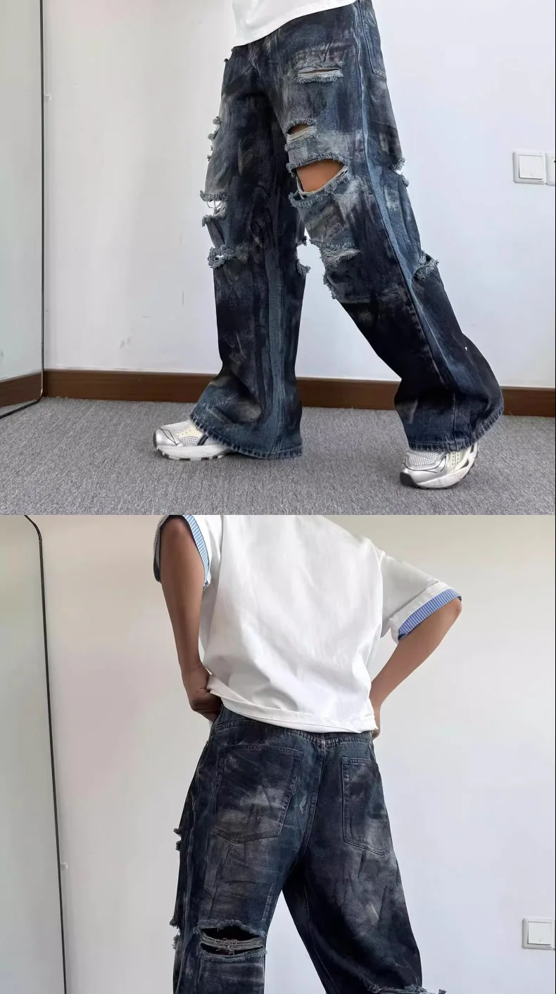 Calça Jeans Masculina Baggy Destroyed | Streetwear Americana Wide Leg Rasgada - Imagem 12