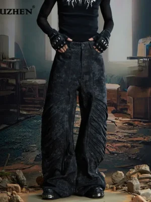 Calça Jeans Luzhen Original Premium Unissex com Design Plissado Multicamadas