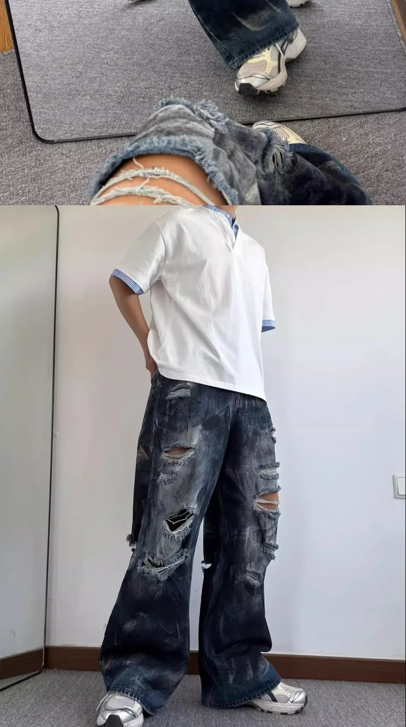 Calça Jeans Masculina Baggy Destroyed | Streetwear Americana Wide Leg Rasgada - Imagem 11