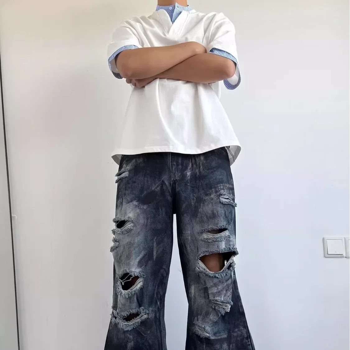 Calça Jeans Masculina Baggy Destroyed | Streetwear Americana Wide Leg Rasgada - Imagem 4