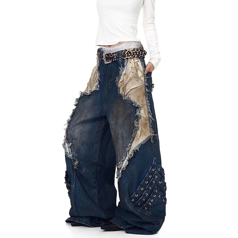 2025 americano retro y2k estilo sujo lavado retalhos baggy calças jeans rasgadas - Imagem 3