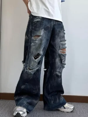 Calça Jeans Masculina Baggy Destroyed | Streetwear Americana Wide Leg Rasgada