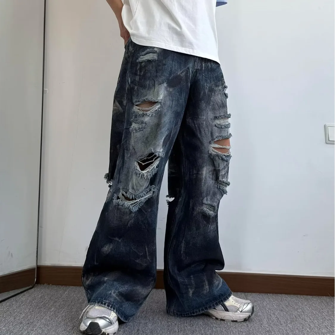 Calça Jeans Masculina Baggy Destroyed | Streetwear Americana Wide Leg Rasgada
