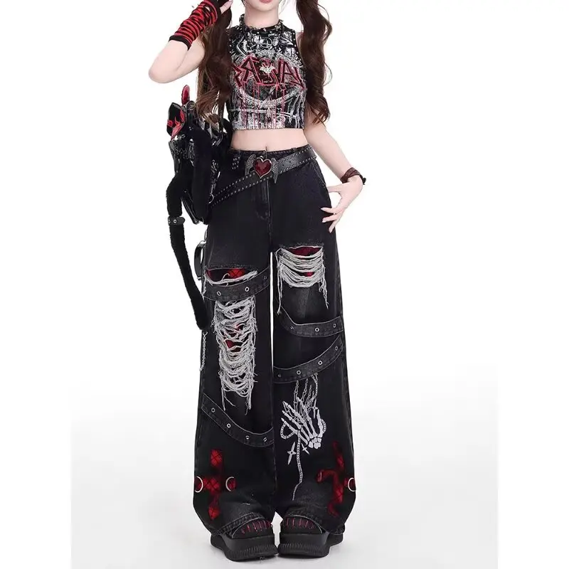 Calça Jeans Feminina Americana Retrô Destroyed | Wide Leg Streetwear Moda K-POP 2026 - Imagem 3