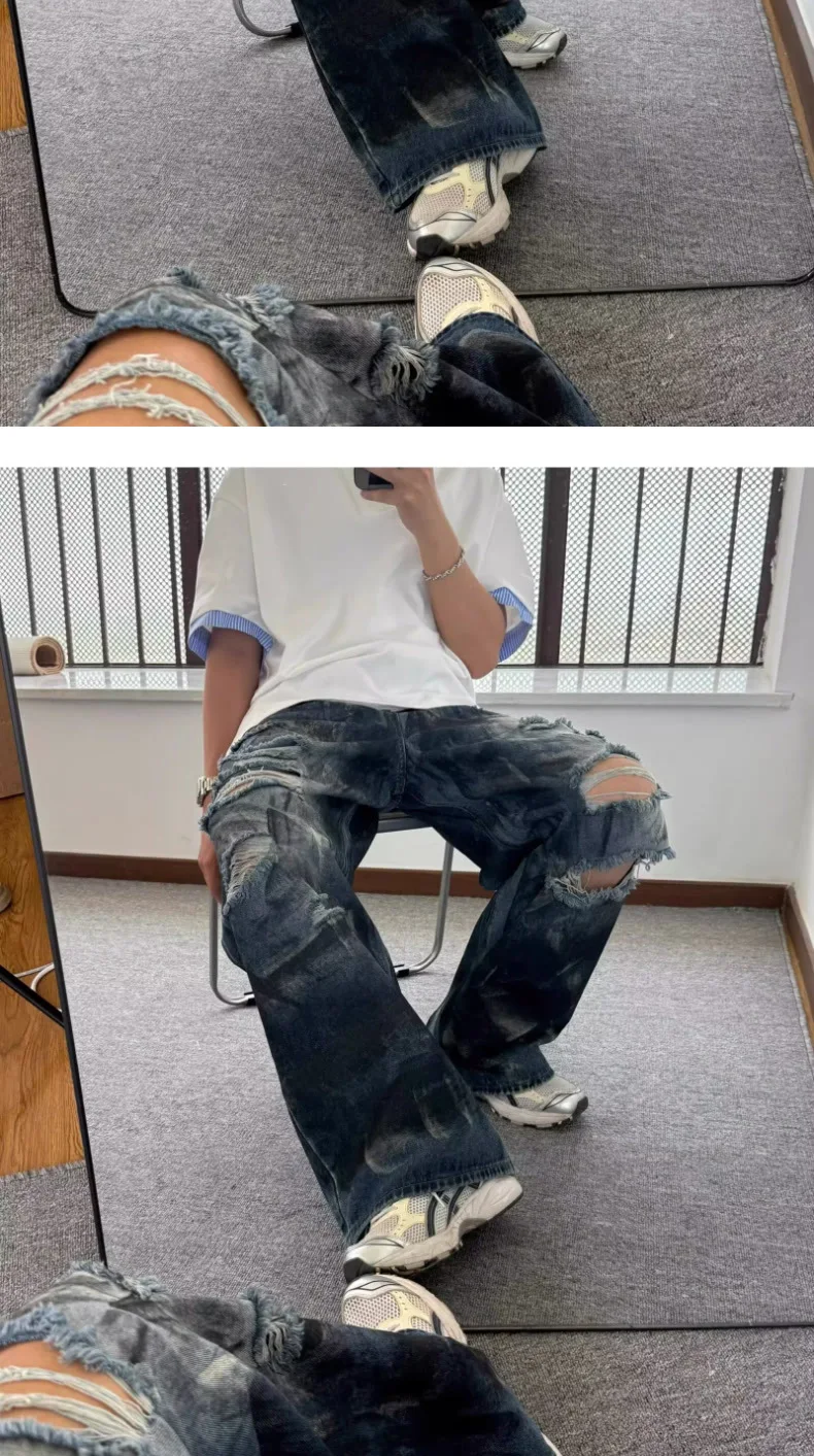 Calça Jeans Masculina Baggy Destroyed | Streetwear Americana Wide Leg Rasgada - Imagem 9