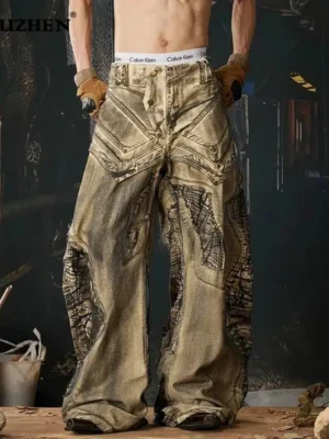 Calça Jeans Luzhen Original Premium Unissex, Patchwork e Lavagem Exclusiva | Wide Fit Streetwear