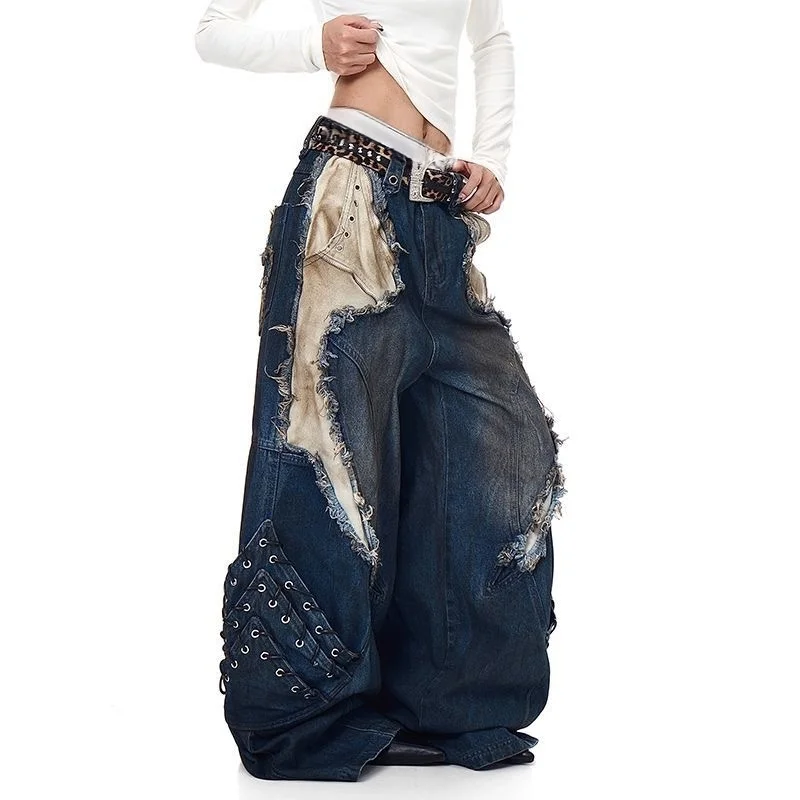 2025 americano retro y2k estilo sujo lavado retalhos baggy calças jeans rasgadas - Imagem 7