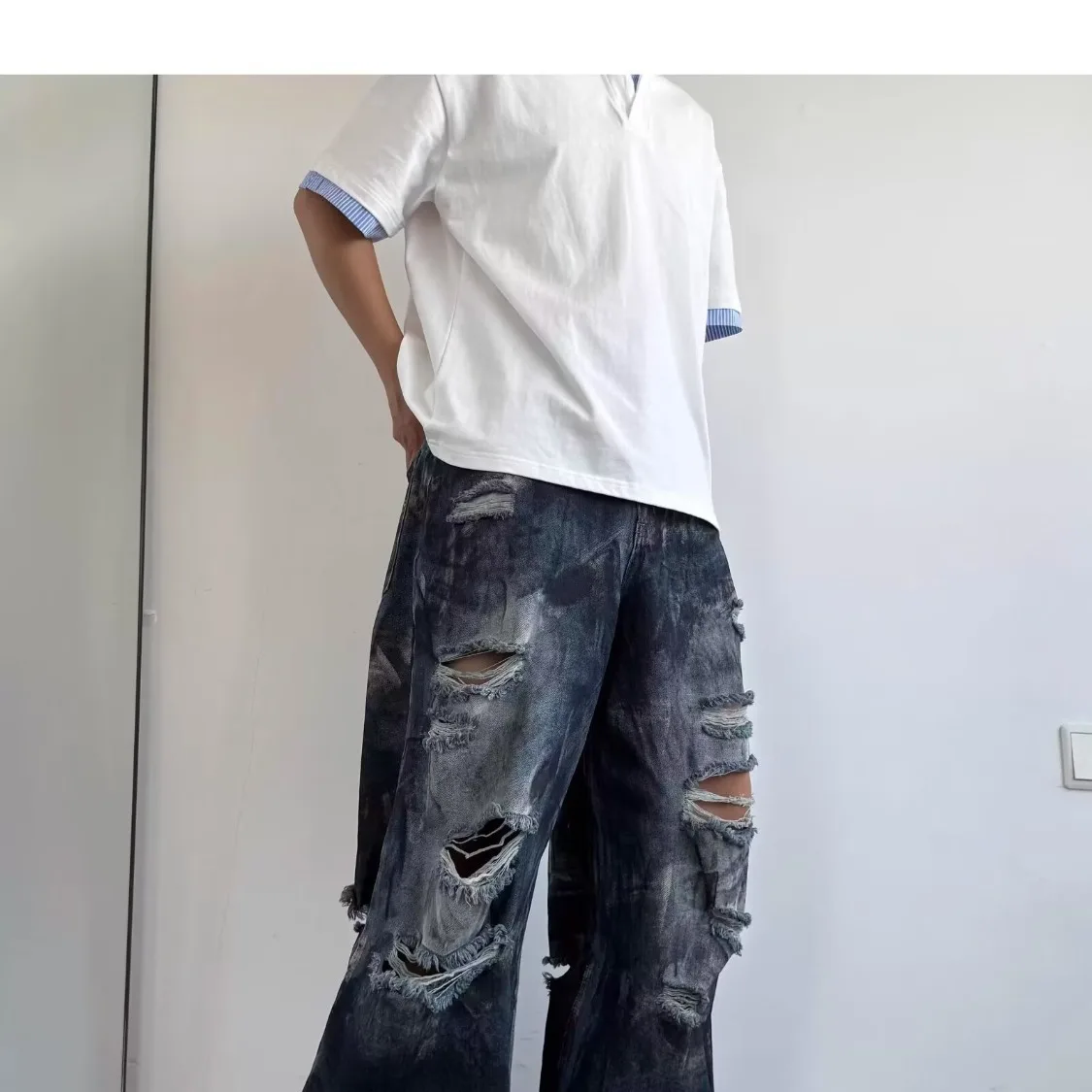 Calça Jeans Masculina Baggy Destroyed | Streetwear Americana Wide Leg Rasgada - Imagem 2