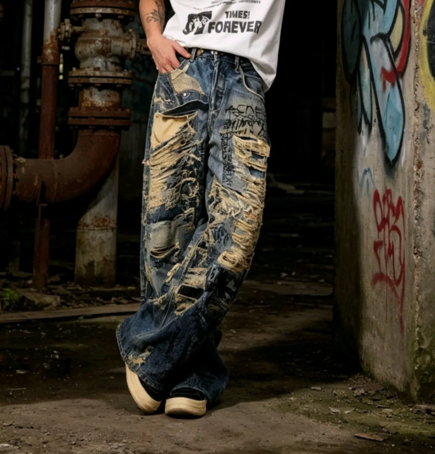 Calça Jeans Masculina Vintage Grafite 3D Destroyed | Wide Leg Streetwear Baggy 2026 - Imagem 2