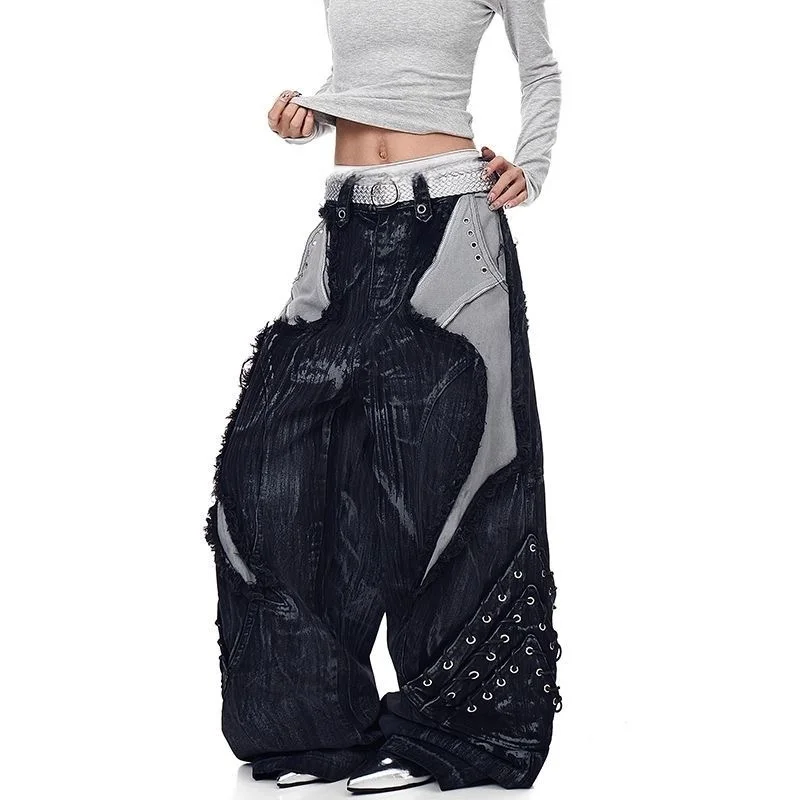 2025 americano retro y2k estilo sujo lavado retalhos baggy calças jeans rasgadas - Imagem 5