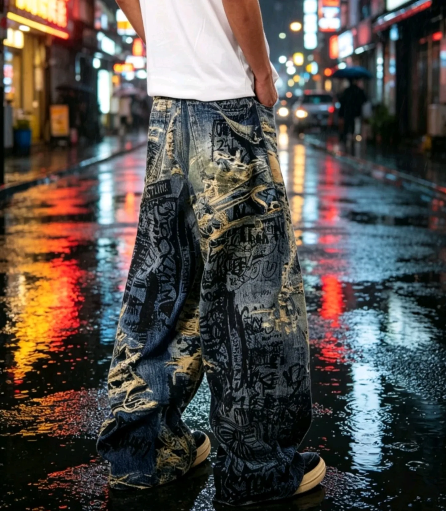 Calça Jeans Masculina Vintage Grafite 3D Destroyed | Wide Leg Streetwear Baggy 2026 - Imagem 3