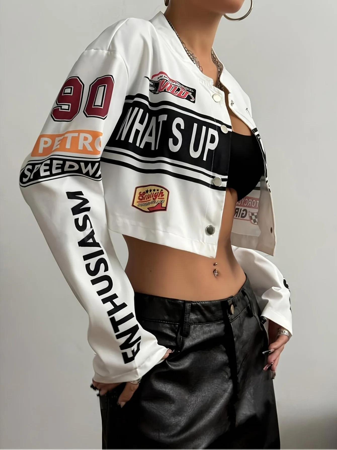 Jaqueta Feminina Baseball Streetwear | Casaco Estampado Estilo Motociclista - Imagem 4