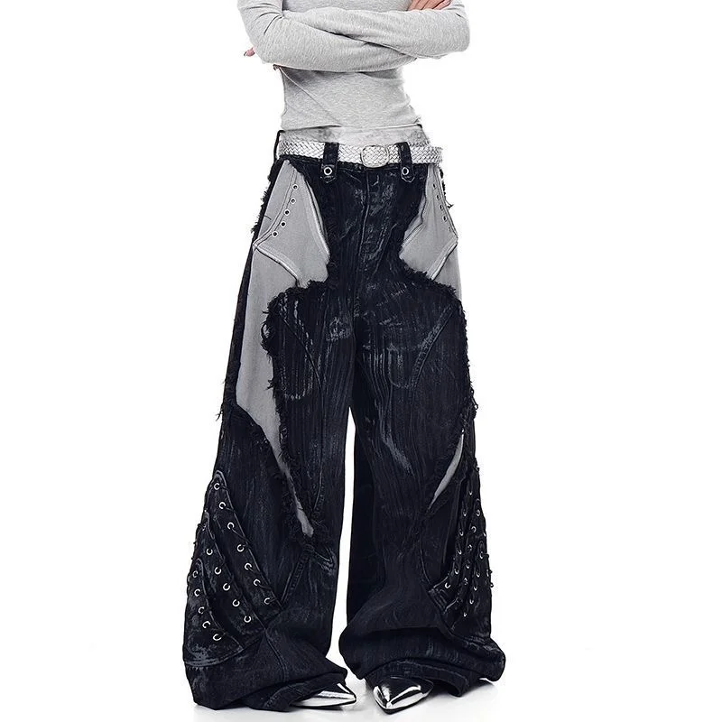 2025 americano retro y2k estilo sujo lavado retalhos baggy calças jeans rasgadas - Imagem 10