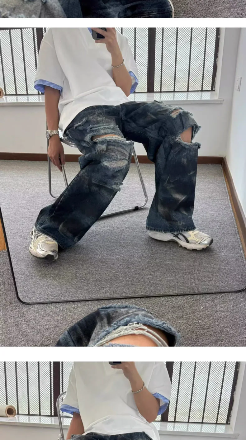 Calça Jeans Masculina Baggy Destroyed | Streetwear Americana Wide Leg Rasgada - Imagem 10