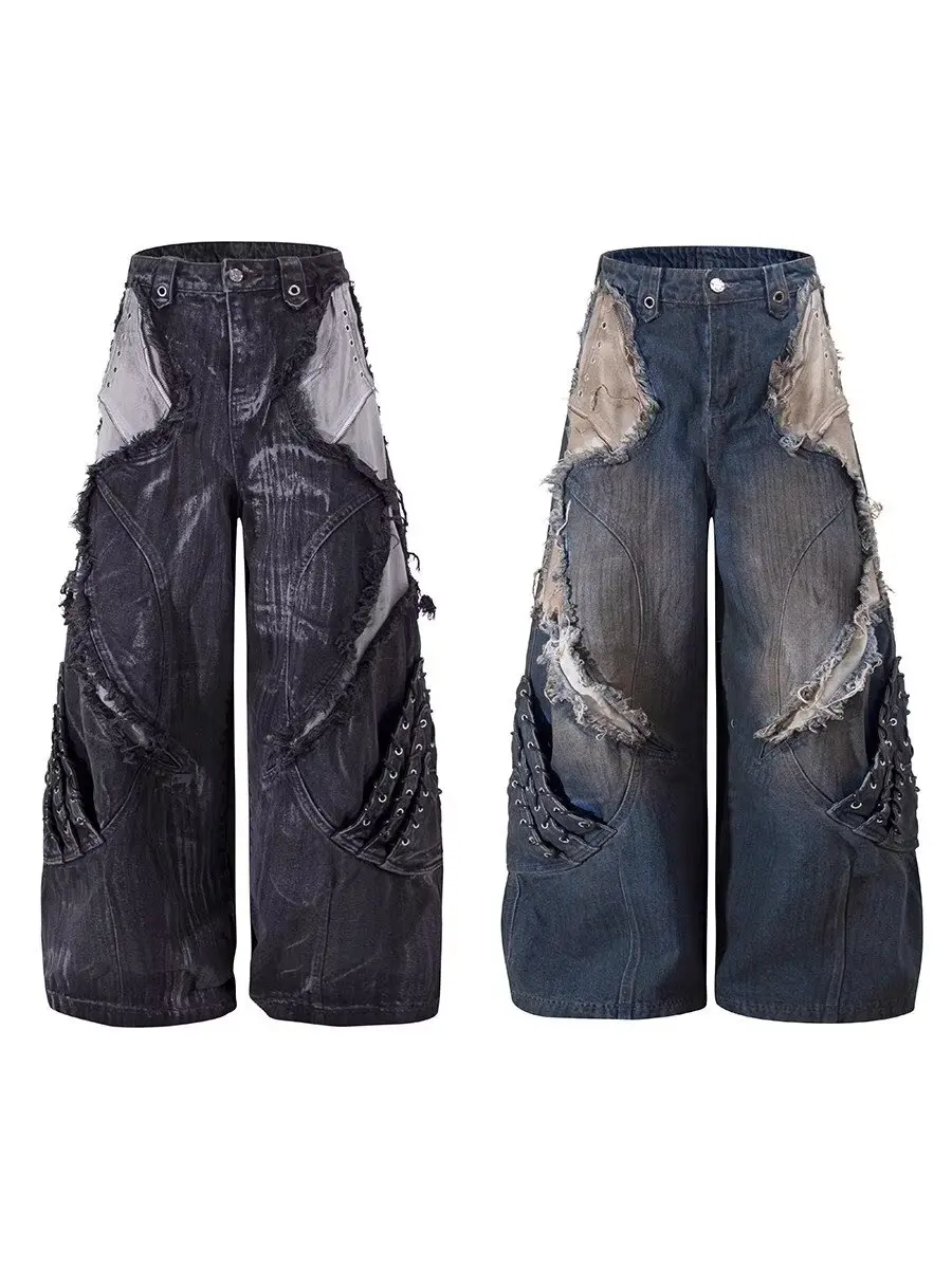 Calça Jeans Feminina Streetwear Vintage Patchwork Tie Dye | Wide Leg Hip Hop Moda Urbana 2026 - Imagem 18