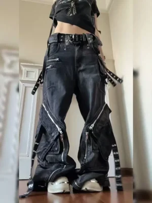 Calça Baggy Feminina Y2K Preta Multi Bolsos com Zíper | Jeans Wide Leg Streetweare
