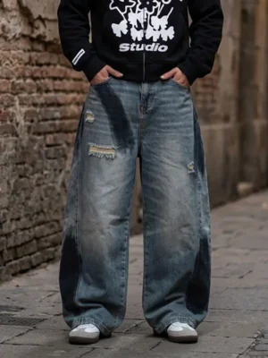 Calça Jeans Masculina Baggy Streetwear | Patchwork Rasgado Doodle