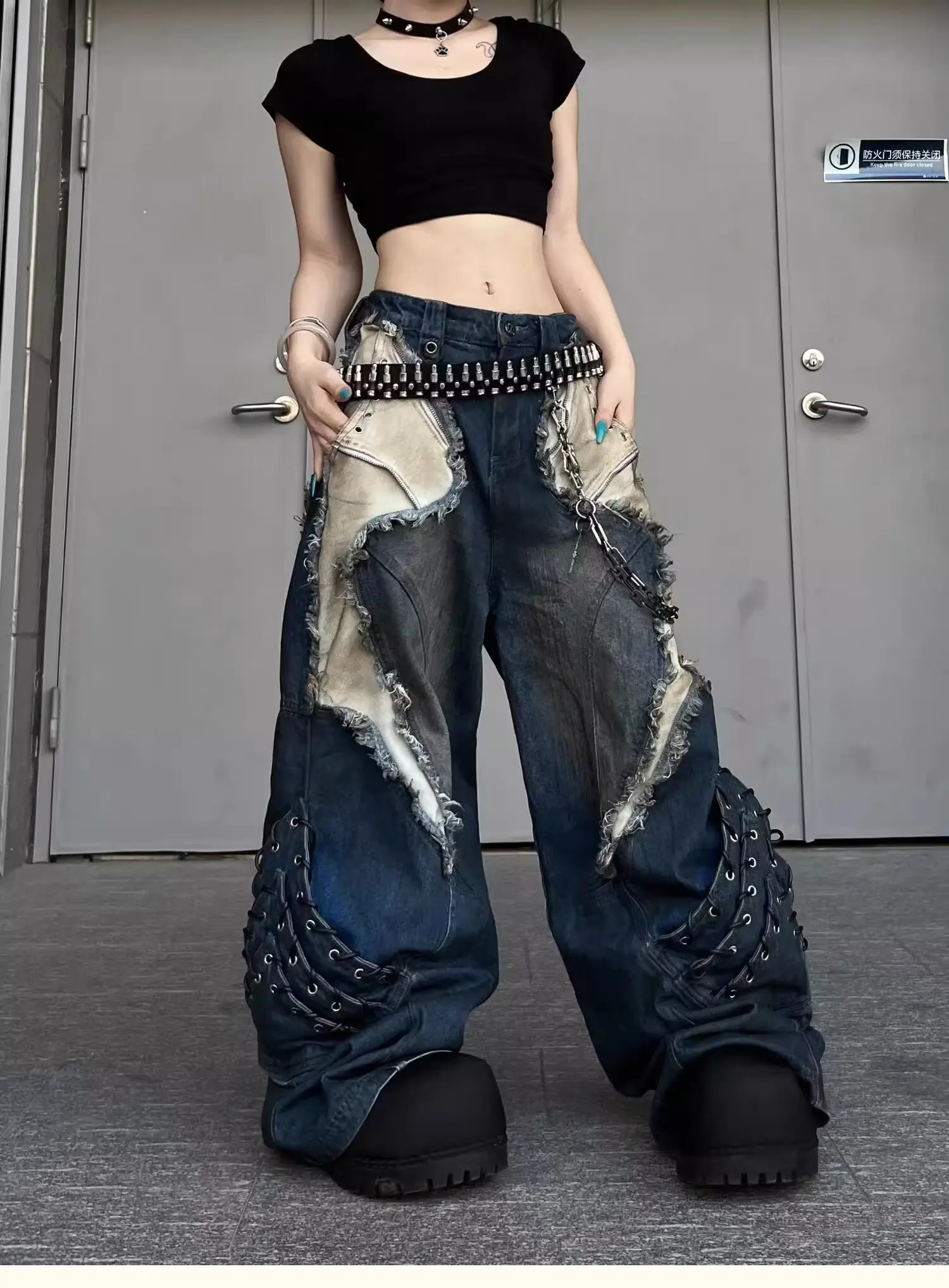 Calça Jeans Feminina Streetwear Vintage Patchwork Tie Dye | Wide Leg Hip Hop Moda Urbana 2026 - Imagem 15