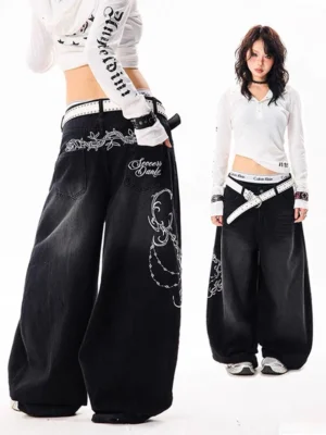 Calça Jeans Feminina Bordada Baggy | Wide Leg Streetwear Hip Hop Vintage 2026