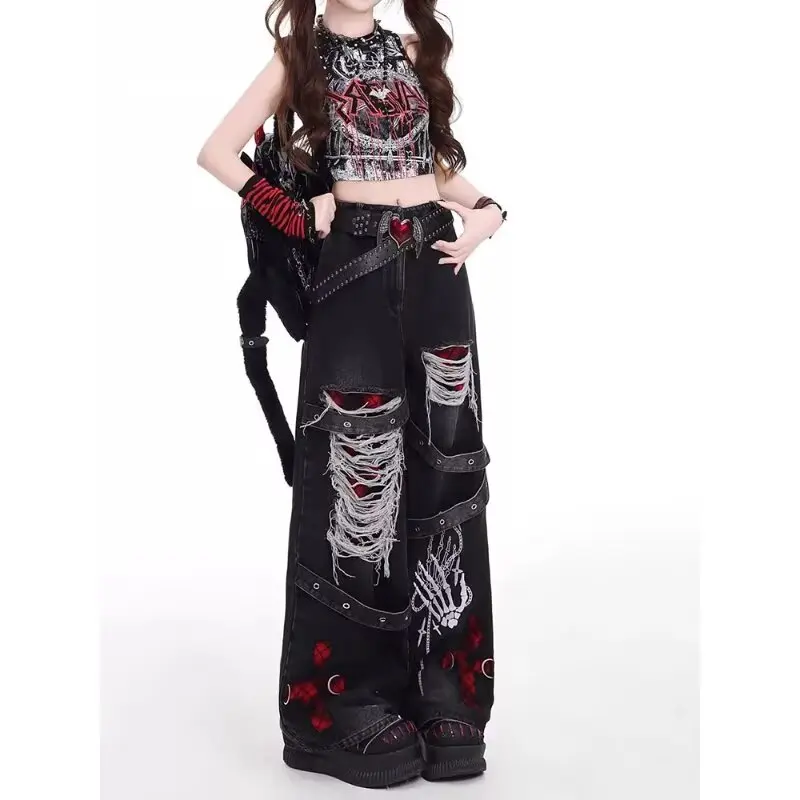 Calça Jeans Feminina Americana Retrô Destroyed | Wide Leg Streetwear Moda K-POP 2026 - Imagem 2