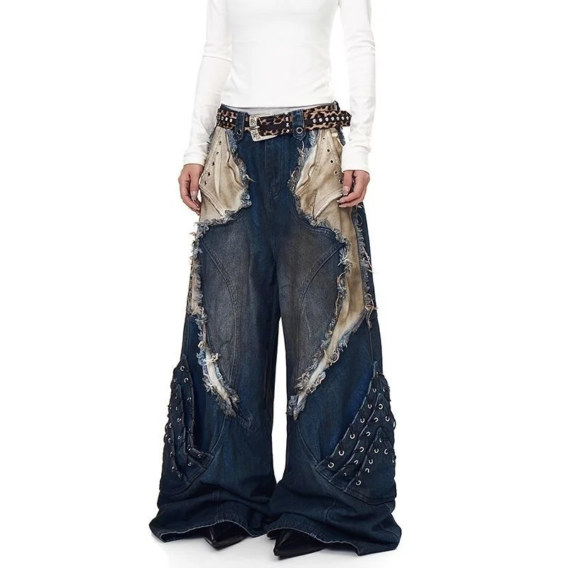 2025 americano retro y2k estilo sujo lavado retalhos baggy calças jeans rasgadas - Imagem 6