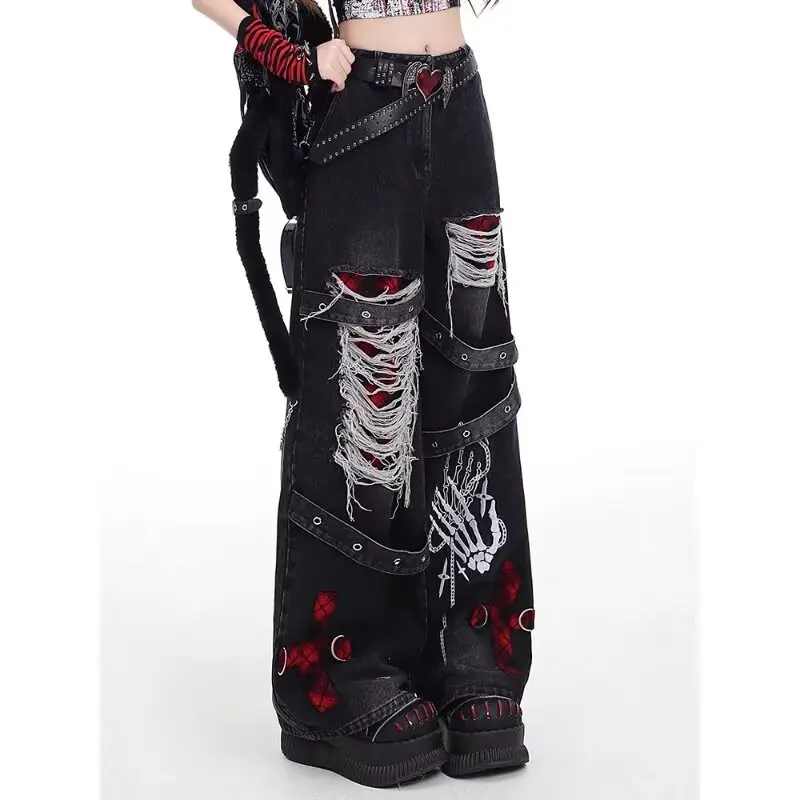 Calça Jeans Feminina Americana Retrô Destroyed | Wide Leg Streetwear Moda K-POP 2026 - Imagem 5