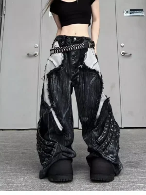 Calça Jeans Feminina Streetwear Vintage Patchwork Tie Dye | Wide Leg Hip Hop Moda Urbana 2026