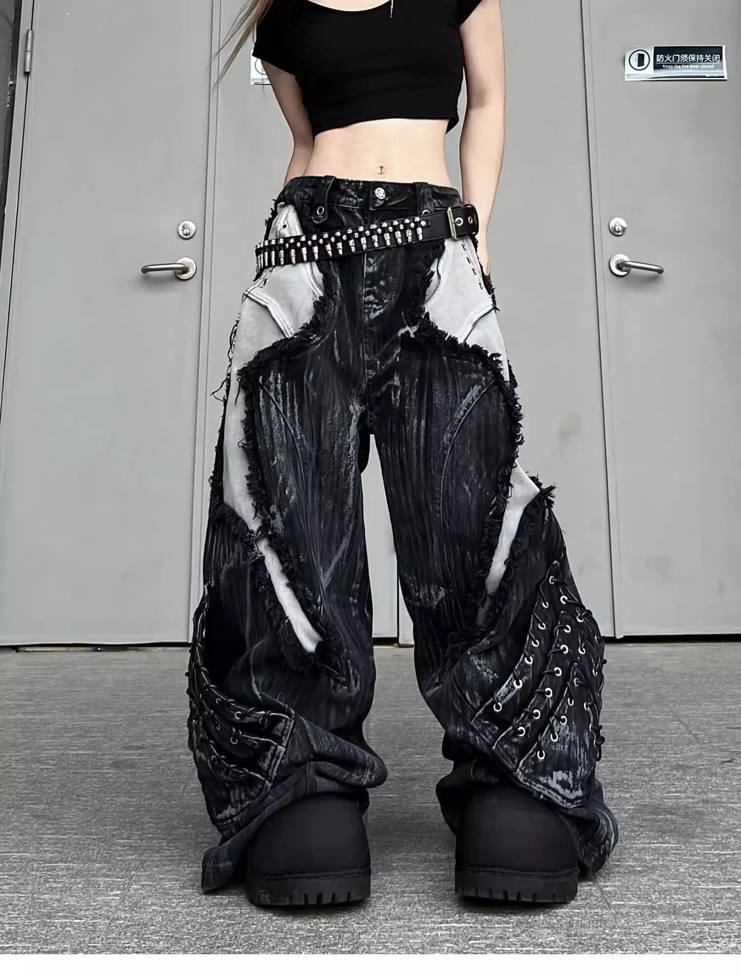 Calça Jeans Feminina Streetwear Vintage Patchwork Tie Dye | Wide Leg Hip Hop Moda Urbana 2026