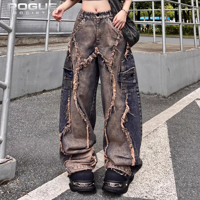 Calças Jeans Desconstruídas Y2K Grunge Unissex com Patches, Lavadas, de Perna La - Imagem 2