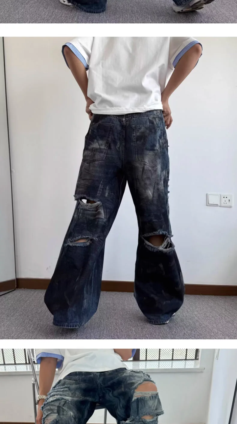 Calça Jeans Masculina Baggy Destroyed | Streetwear Americana Wide Leg Rasgada - Imagem 7