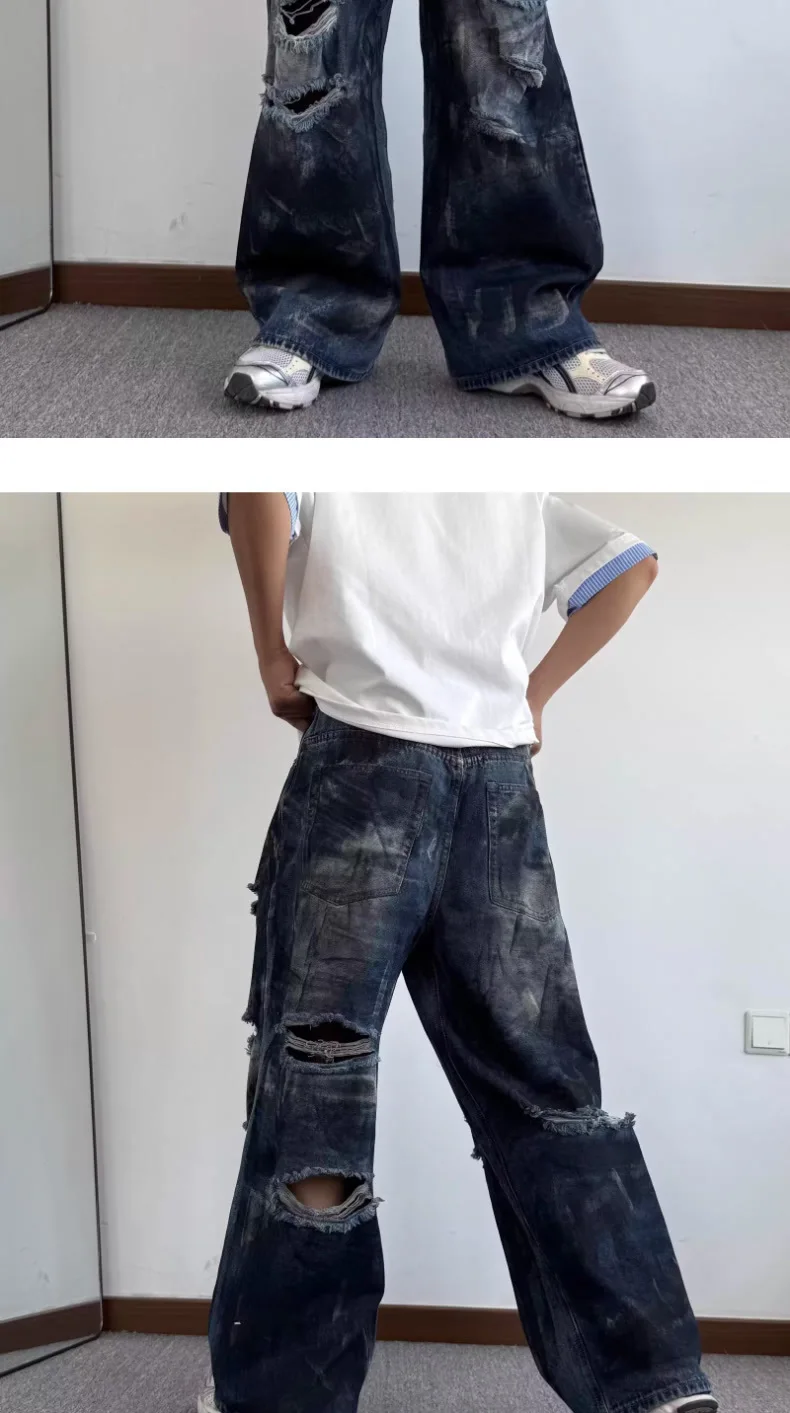 Calça Jeans Masculina Baggy Destroyed | Streetwear Americana Wide Leg Rasgada - Imagem 6