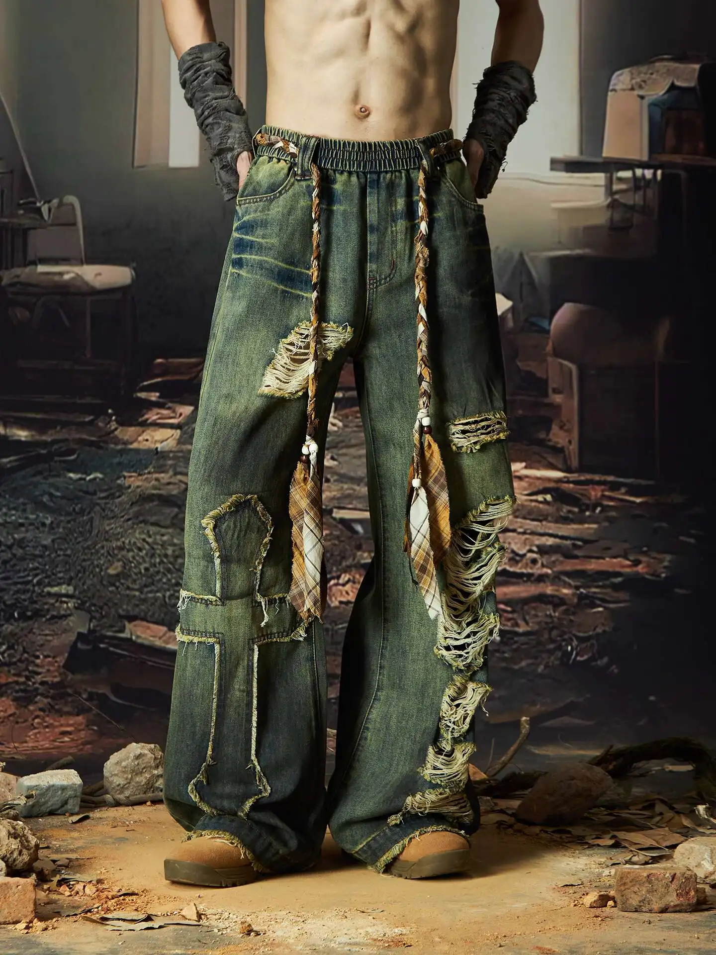 Calça Jeans Luzhen Original Premium Unissex com Barra Desfiada | Streetwear Exclusiva - Imagem 9