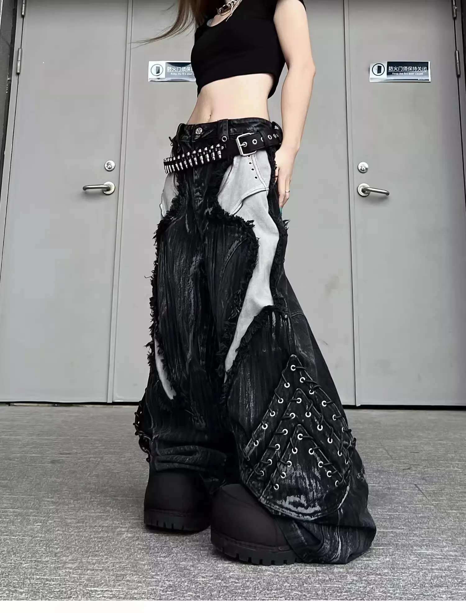 Calça Jeans Feminina Streetwear Vintage Patchwork Tie Dye | Wide Leg Hip Hop Moda Urbana 2026 - Imagem 2