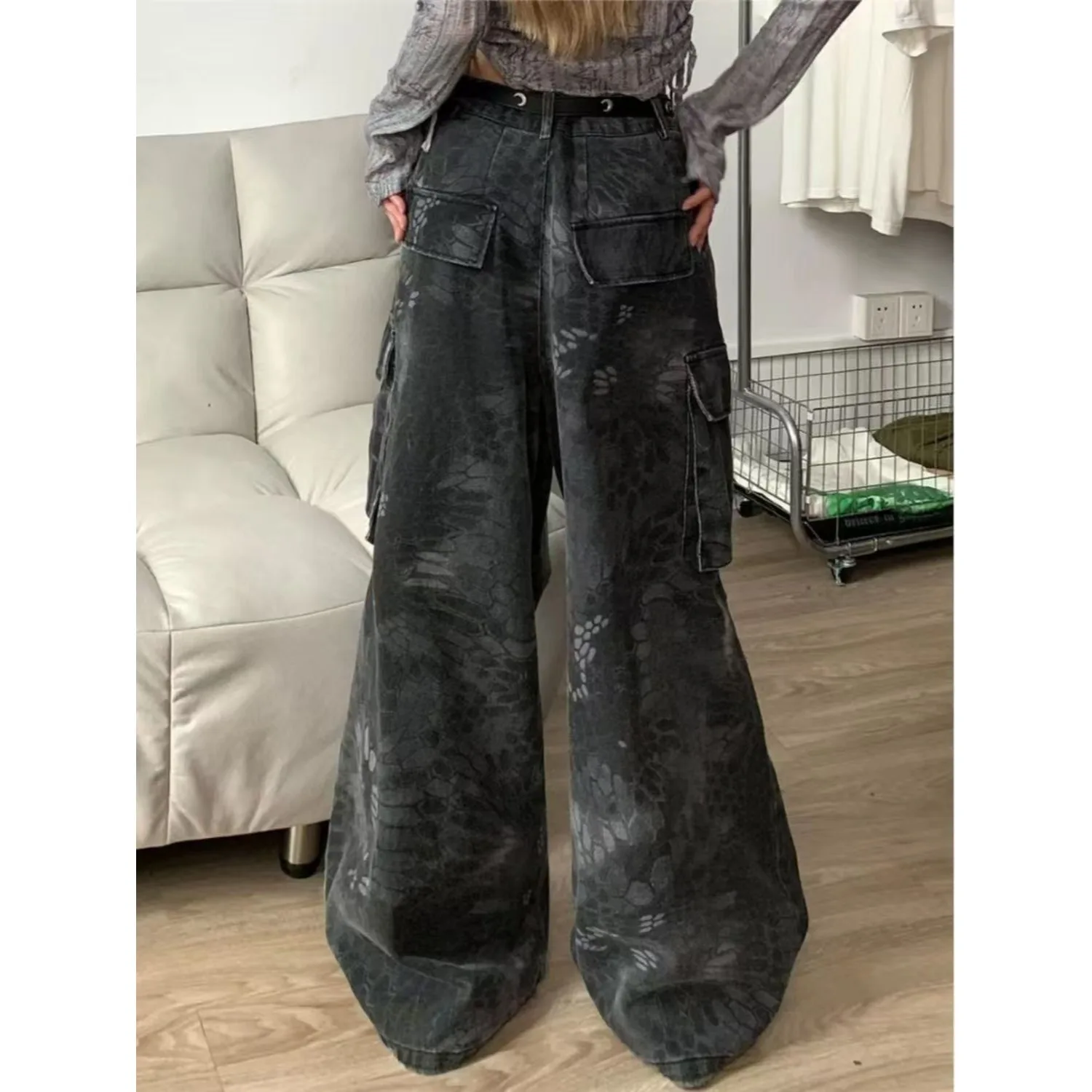 Calça Jeans Feminina Americana Snake Pattern | Wide Leg Streetwear Moda Hip Hop 2026 - Imagem 2