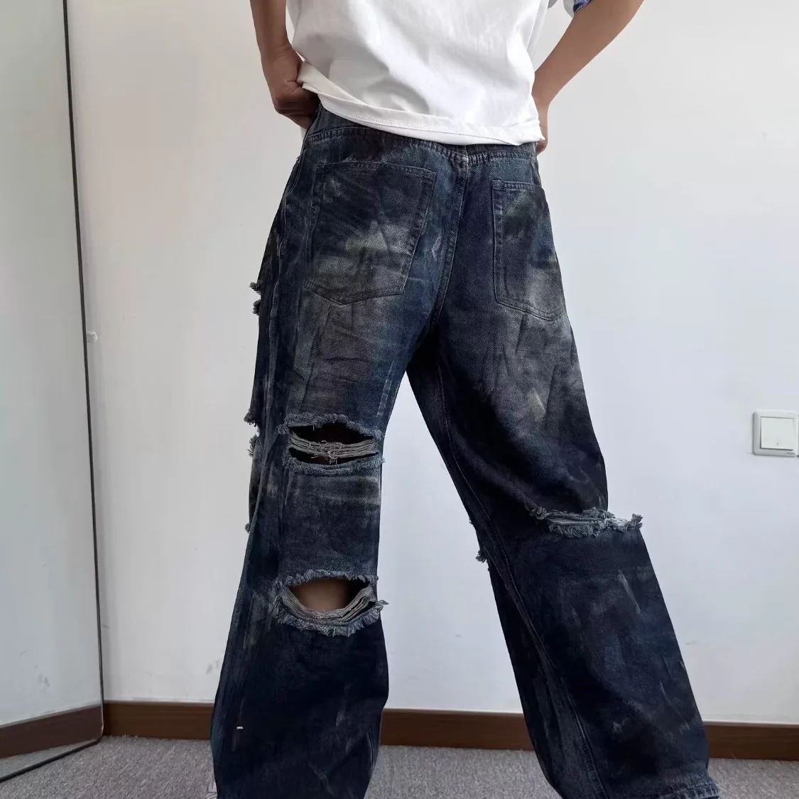 Calça Jeans Masculina Baggy Destroyed | Streetwear Americana Wide Leg Rasgada - Imagem 3