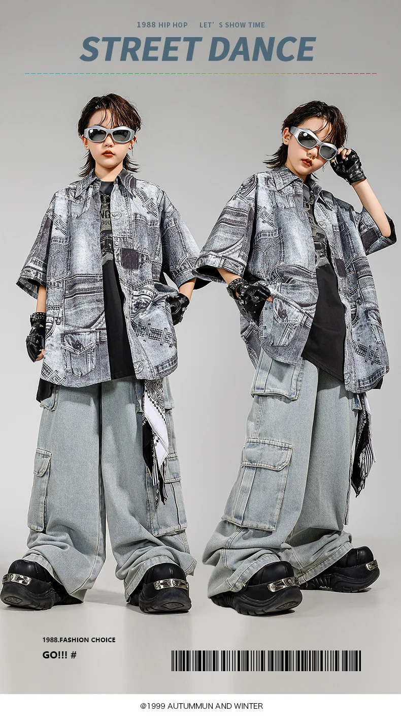 Conjunto Infantil Hip Hop Streetwear Premium | Camisa Oversized + Calça Cargo Jeans | Roupa para Dança, K-Pop - Imagem 4