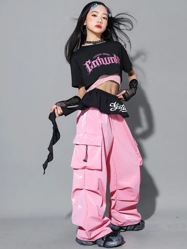 Conjunto Infantil e Juvenil K-Pop Feminino | Top Cropped Brilhante + Calça Cargo Streetwear | Figurino para Hip Hop, Jazz Dance e Apresentações - Imagem 3