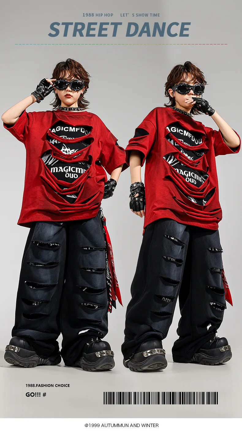 Conjunto Infantil e Juvenil kpop e Hip Hop Streetwear | Camiseta Oversized + Calça Rasgada para Dança | Lançamento Exclusivo - Imagem 2