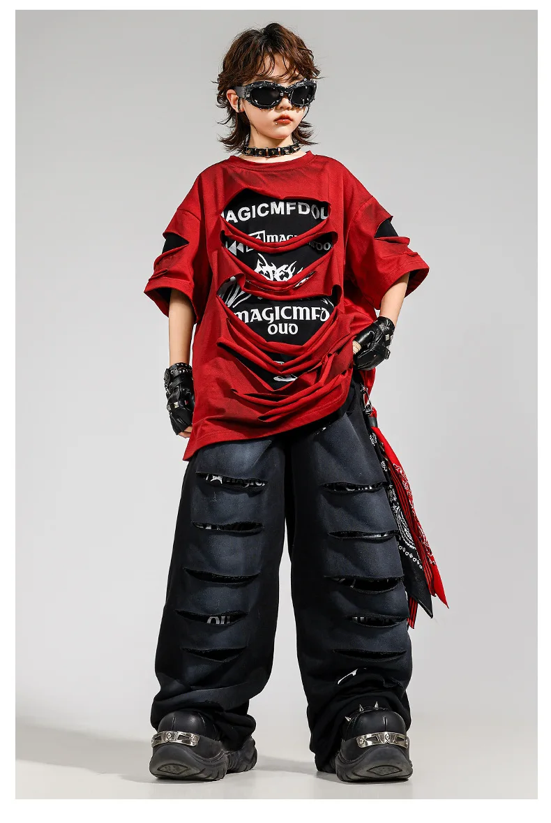 Conjunto Infantil e Juvenil kpop e Hip Hop Streetwear | Camiseta Oversized + Calça Rasgada para Dança | Lançamento Exclusivo - Imagem 3