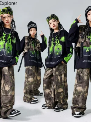 Conjunto Infantil Hip Hop Camuflado | Roupa K-Pop, Jazz Dance e Streetwear para Meninos e Meninas