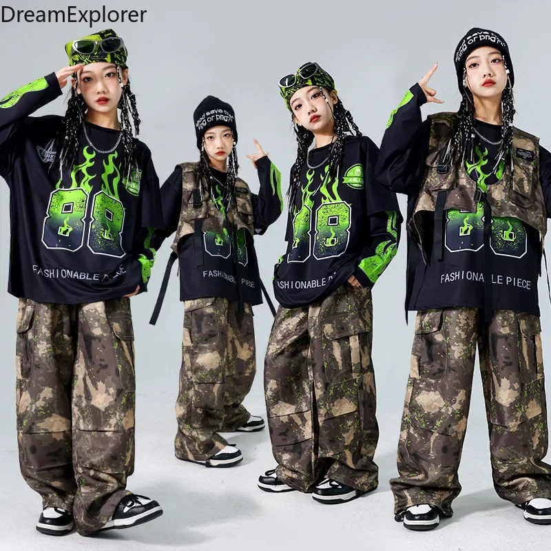 Conjunto Infantil Hip Hop Camuflado | Roupa K-Pop, Jazz Dance e Streetwear para Meninos e Meninas