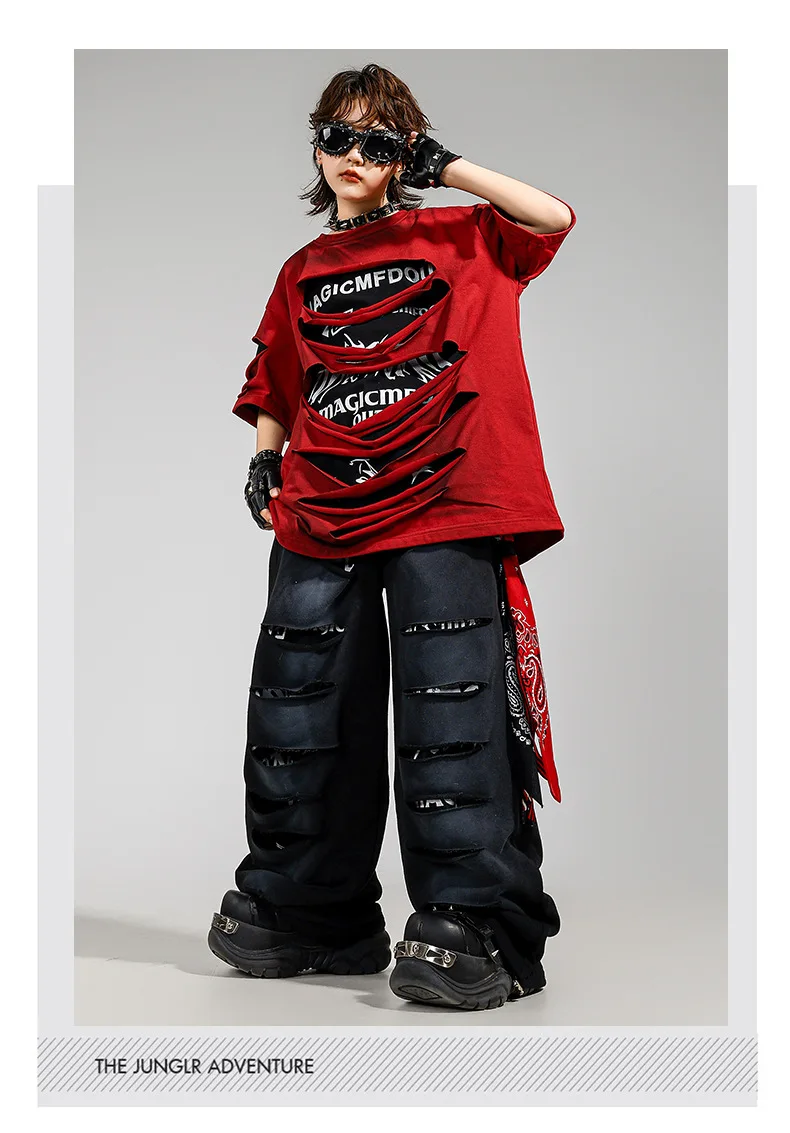 Conjunto Infantil e Juvenil kpop e Hip Hop Streetwear | Camiseta Oversized + Calça Rasgada para Dança | Lançamento Exclusivo - Imagem 6