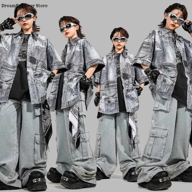 Conjunto Infantil Hip Hop Streetwear Premium | Camisa Oversized + Calça Cargo Jeans | Roupa para Dança, K-Pop