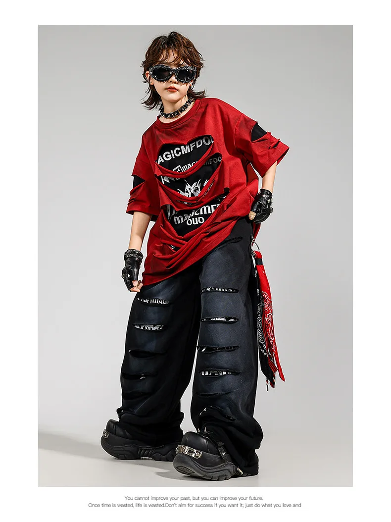 Conjunto Infantil e Juvenil kpop e Hip Hop Streetwear | Camiseta Oversized + Calça Rasgada para Dança | Lançamento Exclusivo - Imagem 4