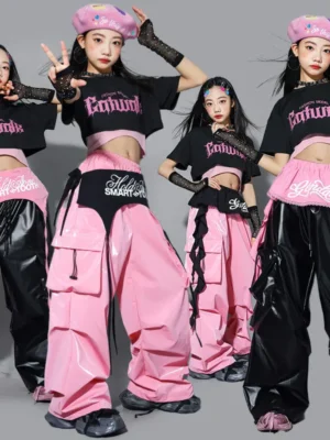 Conjunto Infantil e Juvenil K-Pop Feminino | Top Cropped Brilhante + Calça Cargo Streetwear | Figurino para Hip Hop, Jazz Dance e Apresentações