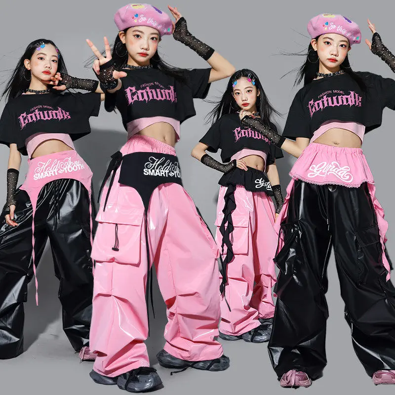 Conjunto Infantil e Juvenil K-Pop Feminino | Top Cropped Brilhante + Calça Cargo Streetwear | Figurino para Hip Hop, Jazz Dance e Apresentações